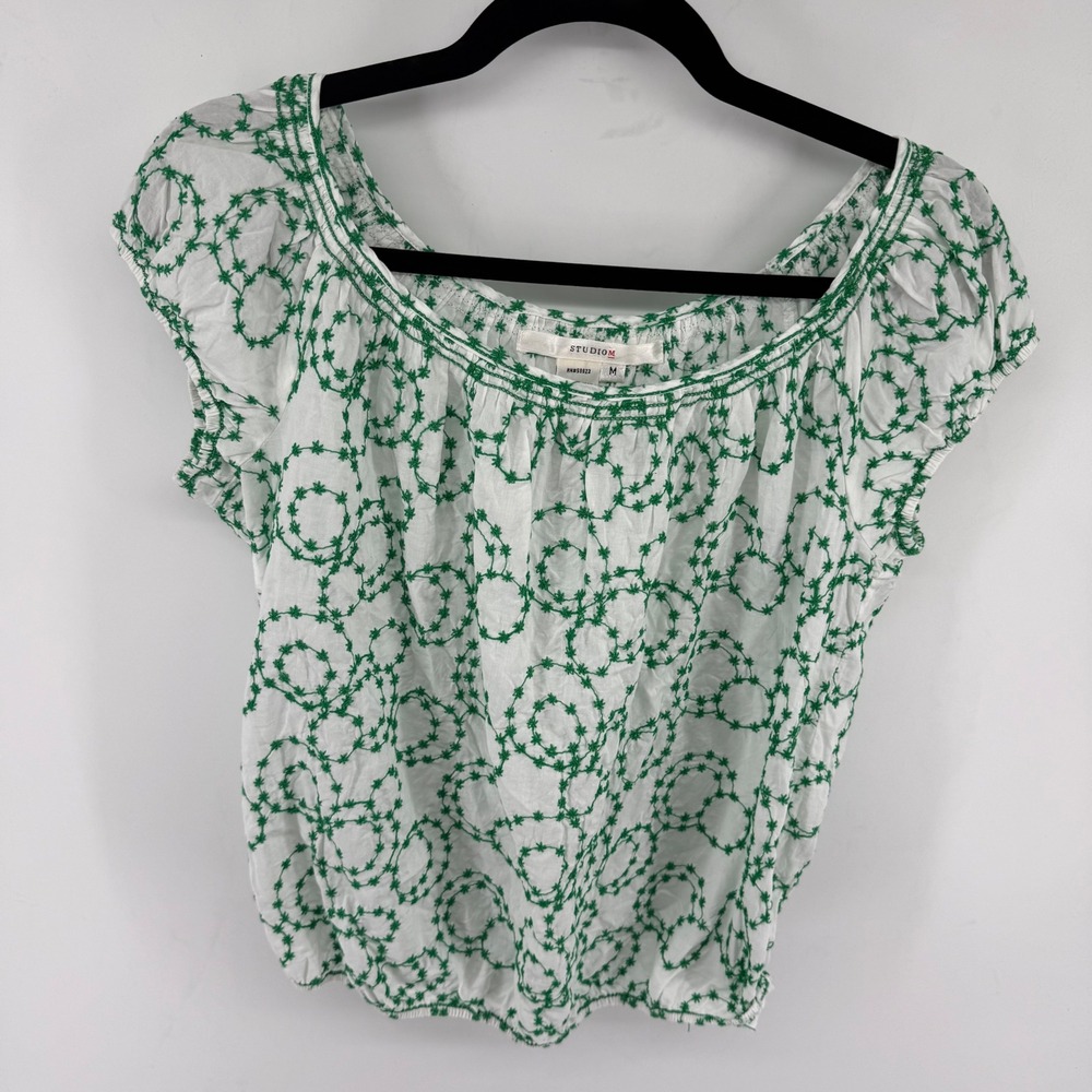Studio M White Green Embroidered Cotton Bubble Hem Blouse Top Medium 3M05E71